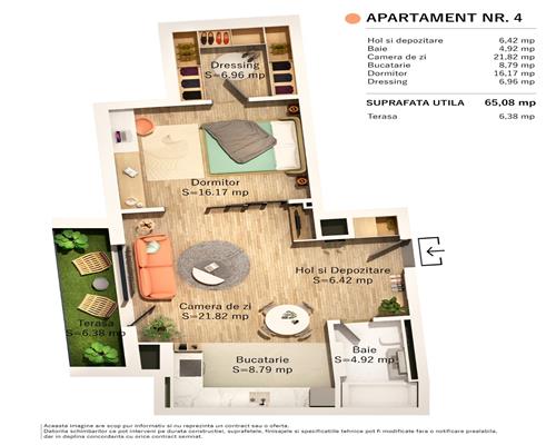 Apartament 2 camere, S64MP.+6 mp Terasa, bloc nou, Centru